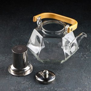 Чайник стеклянный заварочный с бамбуковой крышкой и металлическим ситом «Октогон», 1,2 л