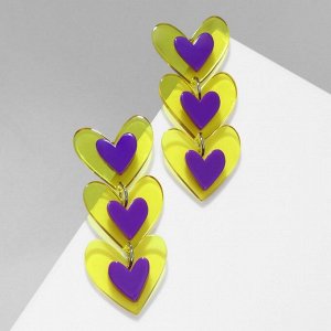 Серьги акрил "Сердечки" трио, цвет жёлто-фиолетовый в серебре