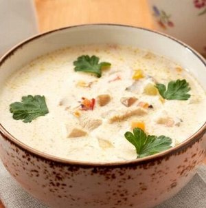Крем-суп куриный картофельный с гренками и мясом (1 порция)