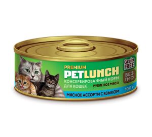Конс. для кошек 100г."Petlunch" рубленное мясо МЯСНОЕ  АССОРТИ+ЯЗЫК *24шт.