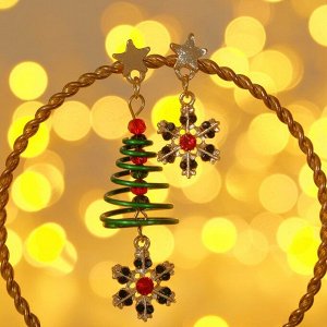 Серьги "Новогодние" спираль со снежинкой, цветные в золоте