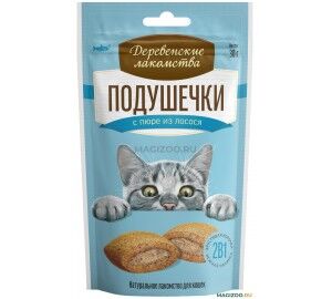 Дерев. лакомство для КОШЕК  "ПОДУШЕЧКИ" с пюре из  ЛОСОСЯ  30 гр. НОВИНКА!!!