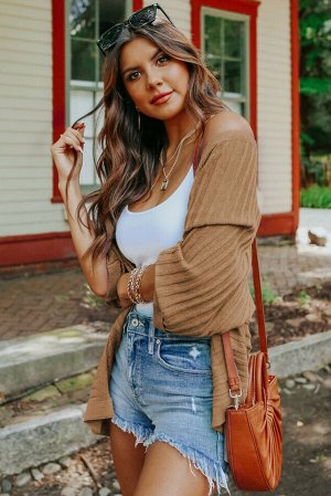 Brown Ribbed Open Front Knit Cardigan