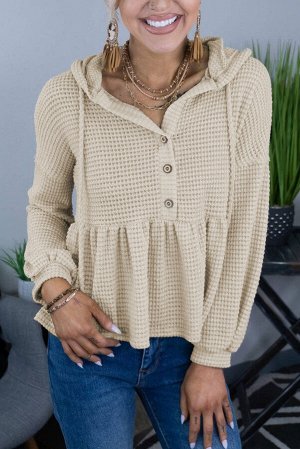 Apricot Waffle Knit Buttons Ruffled Hooded Top