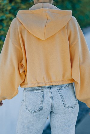 Yellow Zip Closure Drawstring Cinched Cropped Hoodie