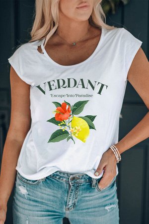 Белая футболка с укороченными рукавами и принтом лимон с надписью: VERDANT