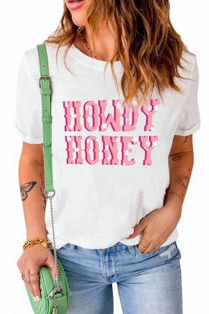 Белая футболка с розовой надписью: HOWDY HONEY