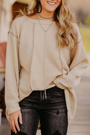 Apricot Waffle Knit Patchwork Long Sleeve Top