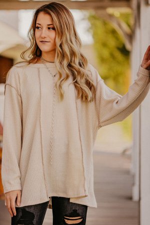 Apricot Waffle Knit Patchwork Long Sleeve Top