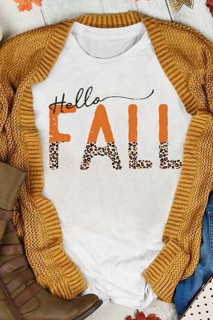 Белая футболка с леопардовой надписью: Hello Fall