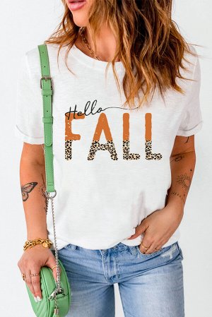 Белая футболка с леопардовой надписью: Hello Fall