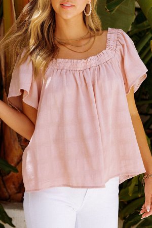 Pink Square Neck Jacquard Short Sleeves Top