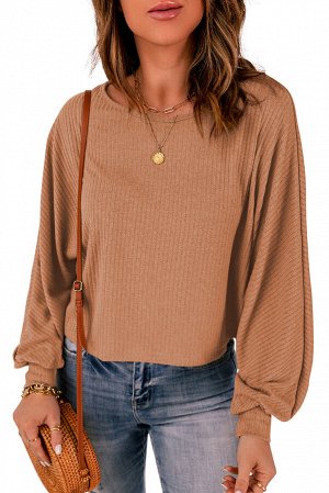 Brown Solid Crew Neck Loose Ribbed Knit Top
