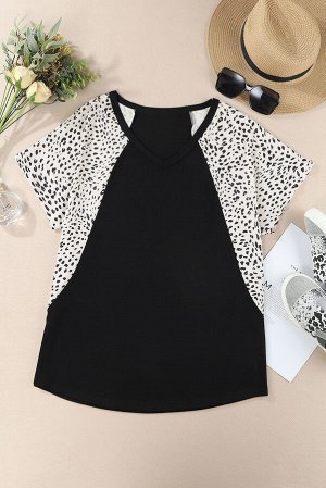Black Leopard Sleeves Color Block V Neck T-shirt