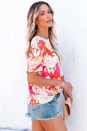 Red Floral Print Short Puff Sleeves Top