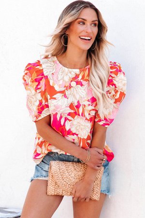 Red Floral Print Short Puff Sleeves Top