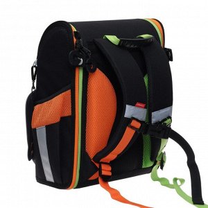 Ранец раскладной Стандарт Grizzly, 35 х 26 х 16 см + брелок, чёрный/зелёный/оранжевый
