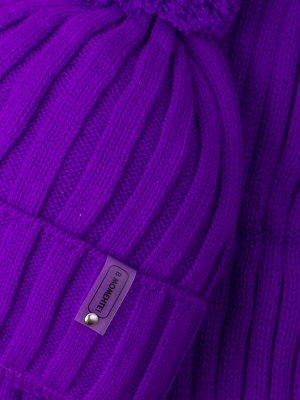 Шапка вязаная детская с бубоном, нашивка В МОМЕНТЕ! + шарф, фиолетовый