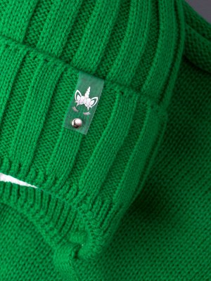Русбубон Шапка вязаная для девочки с бубоном на завязках, нашивка единорог + снуд-труба, зеленый