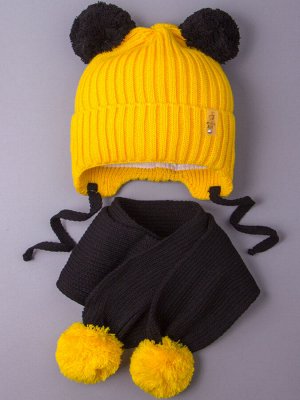 Шапка вязаная детская с бубонами на завязках, MY LITTLE BEAR + шарф, черный с желтым