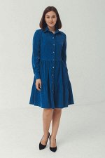 Синее платье рубашка из вельвета на кнопках с воланами