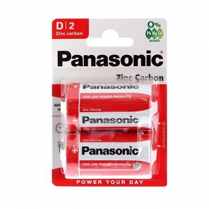 Батарейка солевая Panasonic Zinc Carbon, D, R20-2BL, 1.5В, блистер, 2 шт.