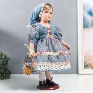 Кукла коллекционная керамика "Катя в голубом платье с завязками, в косынке" 40 см