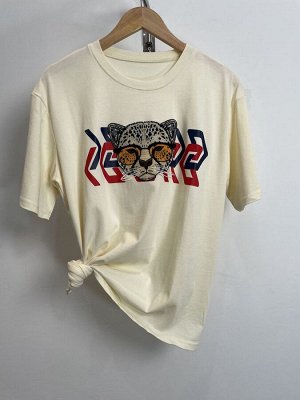 Женская футболка с короткими рукавами, принт леопард в очках, цвет молочный
