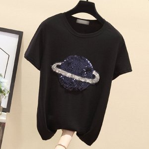 Женская футболка с короткими рукавами, дизайн планета из пайеток, цвет черный