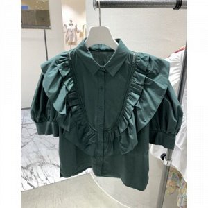 Женская рубашка с короткими рукавами, с воланами, цвет зеленый