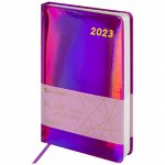 Ежедневник датированный 2023 А5 138x213 мм BRAUBERG &quot;Holiday&quot;, под кожу, &quot;зеркальный&quot;, фиолетовый, 114025