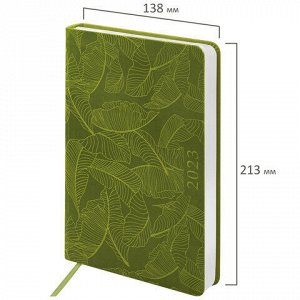 Ежедневник датированный 2023 А5 138x213 мм BRAUBERG "Foliage", под кожу, зеленый, 114103