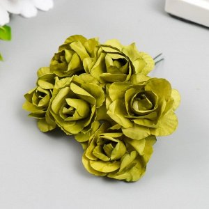 Цветы для декорирования "Чайные розы" 1 букет=6 цветов 9,5 см оливковый