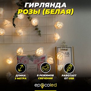Гирлянда розы, белая USB 3 метра с пультом