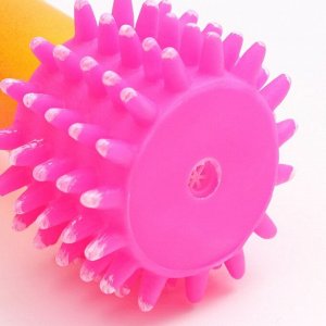 Игрушка для собак пищащая "Массажная гантель", 14 см, розовая/жёлтая