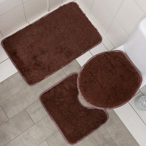 Набор ковриков для ванной и туалета Доляна «Пушистик», 3 шт: 32x40, 40x50, 50x80 см, цвет коричневый