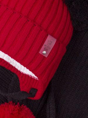 Шапка вязаная детская с бубонами на завязках, MY LITTLE BEAR + шарф, красный с черным