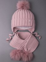 Шапка вязаная детская с помпоном на завязках, лапша, HELLO WINTER + шарф, пудровый