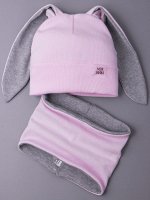 Шапка кашкорсе формы лопата, ушки, нашивка МОЯ ЗАЙКА + снуд, светло-розовый с серым