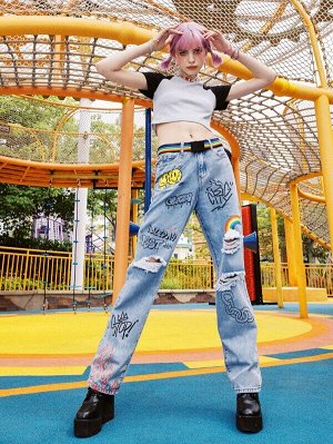 ROMWE Street Life Рваные джинсы с мультипликационным узором без пояса