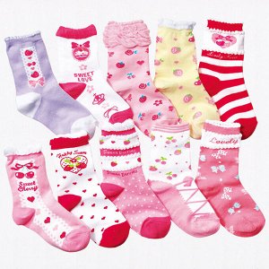 Набор носков для девочки (10 пар), принт "сердечки/ягодки", цвета в ассортименте