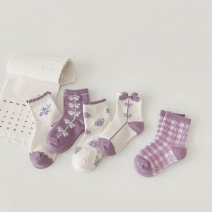Набор носков для девочки (10 пар), принт "бантики", цвет белый/сиреневый