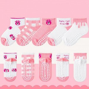 Набор носков для девочки, со стопперами (10 пар), принт "мишка", цвет белый/розовый
