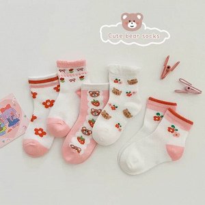 Набор носков для девочки (10 пар), принт "цветы/мишка", цвет белый/розовый