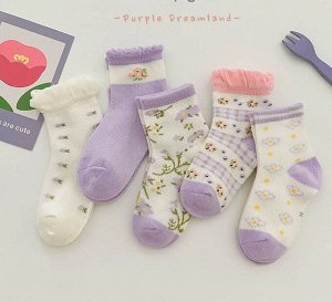 Набор носков для девочки (10 пар), принт "цветы", цвет белый/сиреневый