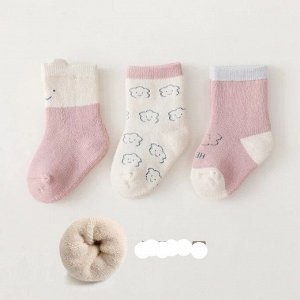 Набор утепленных носков для девочки (6 пар), принт "облачко", цвет белый/розовый