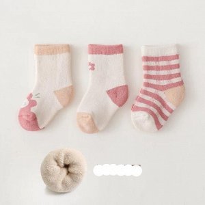Набор утепленных носков для девочки (6 пар), принт "в клетку/мишка", цвет белый/розовый