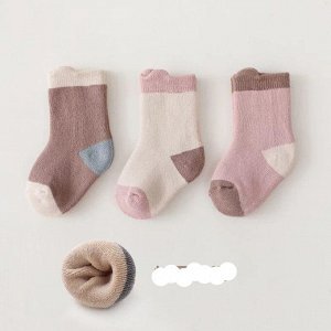 Набор утепленных носков для девочки (6 пар), принт "трехцветные", цвет белый/розовый