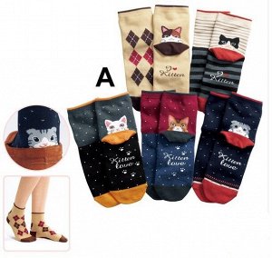Набор носков для девочки (5 пар), принт "котята", цвета в ассортименте
