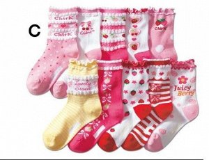 Набор носков для девочки (10 пар), принт "ягодки/бантики/полоски/горошек", цвета в ассортименте
